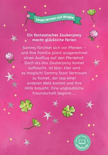 Ein zauberhaftes Pony-Abenteuer: Sammy überwindet Pferdangst dank des magischen Pony Komet. Rosa Hintergrund mit Sternen.