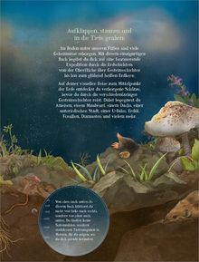 Ein erläuternder Text beschreibt eine Expedition in die Erde mit Entdeckung von Schätzen. Es ist eine Illustration mit Tieren wie Maulwurf, Ameisen und Pflanzen.
