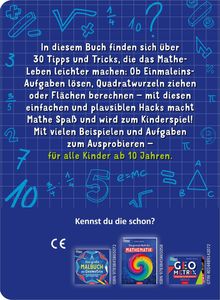 Werbetext für ein Mathebuch mit Tricks und Aufgaben ab 10 Jahren. Mathematische Symbole und bunte Buchcover.