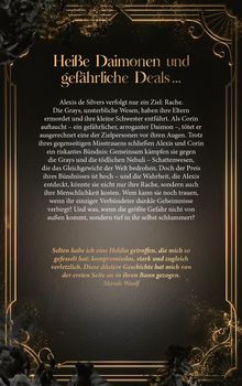 Text oben: "Heiße Daimonen und gefährliche Deals ...". 

Text unten: Zitat von Marah Woolf über eine fesselnde Heldin. 

Dekorativ gestalteter Hintergrund mit goldenen Akzenten.