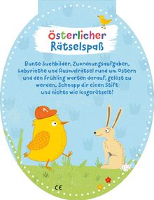 Logo-Titel: Österlicher Rätselspaß. Text erklärt Rätsel zu Ostern und Frühling. Illustration mit Küken und Hase auf Wiese.