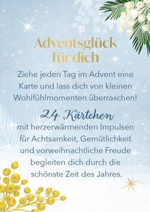 "Adventsglück für dich" in Gold, Sterne und Zweige mit gelben Beeren auf hellblauem Hintergrund.