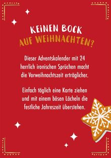 Text: „Keinen Bock auf Weihnachten?" Adventskalender mit 24 ironischen Sprüchen, einfach täglich Karte ziehen. Illustration: Rote Karte mit Verzierungen, Lebkuchenstern unten rechts.