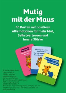 "Mutig mit der Maus. 50 Karten mit positiven Affirmationen für mehr Mut, Selbstvertrauen und innere Stärke." Illustrationen von Karten mit Figuren.