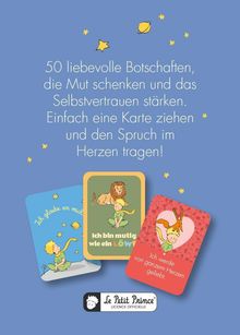 50 liebevolle Botschaften, die Mut und Selbstvertrauen stärken. Drei bunte Karten mit Zeichnungen von „Der kleine Prinz“.