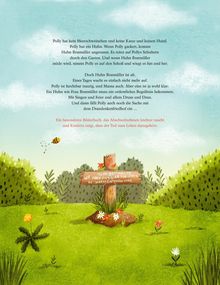 Ein Grab mit dem Text: „Huhn Bratmüller, wir haben dich lieb für immer, du warst ein tolles Huhn.“ Wiese, Blumen, fliegende Biene.