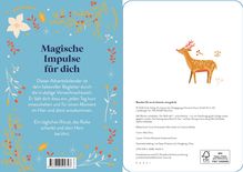 Magische Impulse für dich. Text umgeben von floralen Illustrationen. Rechter Bereich enthält ein stilisiertes Hirschbild.