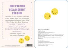 "EINE PORTION GELASSENHEIT FÜR DICH" auf hellgelbem Hintergrund, zwei gelbe Smileys oben rechts.