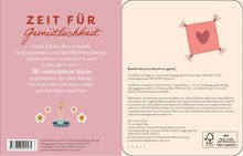 "ZEIT FÜR Gemütlichkeit. Diese kleine Box schenkt Geborgenheit. 50 anregende Ideen für Wärme und Leichtigkeit." Links rosa Hintergrund; rechts beiger Hintergrund, Illustration eines Kissens mit Herz.