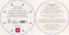 Texte: "Eine Portion Kraft für dich", Anleitung zur Nutzung inspirierender Kärtchen. Design mit Blumenmuster, Logo unten.