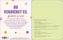 Links violetter Text: „DU VERDIENST ES, glücklich zu sein!“ mit bunten Punkten. Rechts Verlagsinformationen in kleinem Text.