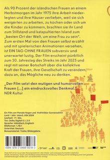 Text über den Frauenstreik in Island 1975 und einen Film dazu. Zitat von NDR Kultur. Rote Silhouetten und Fahnen.