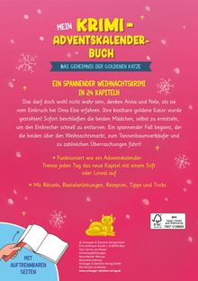 „Mein Krimi-Adventskalender-Buch: Ein spannender Weihnachtskrimi in 24 Kapiteln“. Roter Hintergrund, gelbe Katze.