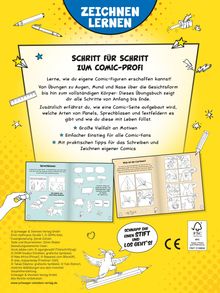 Text: "ZEICHNEN LERNEN", "SCHRITT FÜR SCHRITT ZUM COMIC-PROFI", "Schnapp dir einen Stift und los geht’s!" Illustration mit Comics und Papagei.