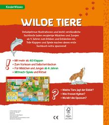"WILDE TIERE" in Großbuchstaben, darüber ein grünes Feld mit "KinderWissen". Illustration zeigt Delfin und Wolf. Fragen zu Tieren.