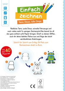 „Einfach zeichnen: Tiere, Dinos, tolle Dinge. Mit über 40 Motiven.“ Illustration eines Roboters in vier Zeichenstufen.