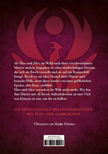 Text über Elias und Alice, die eine Kreatur namens Brock treffen. Logo eines stilisierten Vogels auf rotem Hintergrund.