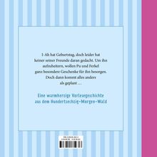 Ein Text auf hellblauem Hintergrund besagt, dass I-Ah Geburtstag hat, und Freunde wollen besondere Geschenke bringen.