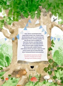 Hase, Dachs, Eichhörnchen lernen das Vorlesen beim weisen Uhu. Illustration mit Tieren, Baum und Wimpelgirlanden.