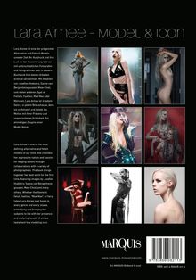 Text: "Lara Aimee - Model & Icon". Neun stilvolle Fotos einer Frau in verschiedenen Outfits und Posen. Marquis-Logo unten.