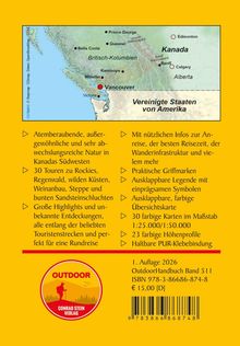 Text über die Natur im Südwesten Kanadas, Toureninfos, Kartenmaßstäbe. Oben Karte, unten Outdoor-Logo, gelber Hintergrund.