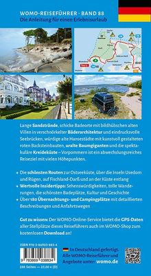"WOMO-REISEFÜHRER • BAND 88, Die Anleitung für einen Erlebnisurlaub." Bild von Küsten, Villen, und einem Auto am Strand.