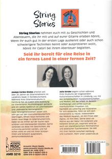 Text: "String Stories", "Seid ihr bereit für eine Reise in ein fernes Land in einer fernen Zeit?". 
Bilder: Zwei lächelnde Frauen, Logo mit Gitarre und Buch.