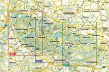 Karte mit drei markierten Bereichen in Rot, Blau und Grün. Städte wie Goslar, Halberstadt, und Nordhausen sind hervorgehoben.
