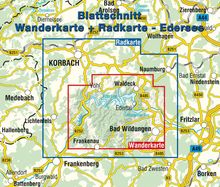 Text: "Blattschnitt Wanderkarte + Radkarte - Edersee." Karte zeigt Straßen, Flüsse und Städte um Edersee, mit markierten Gebieten.