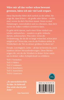 Text über persönliche Entwicklung und Krisen, Auflistung von sechs Teilen des Buches, Zitat von Lisa Vanovitch, kleines rundes Logo.