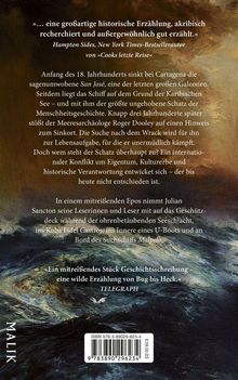 Text über historische Erzählung, versunkene Galeone San José, Konflikt um Schatz, Abenteuer mit Meeresarchäologe. Malerei zeigt stürmische See.