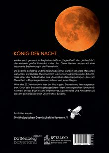 KÖNIG DER NACHT, Uhu, größte Eulenart. Starker Jäger, fast ausgestorben in Deutschland, nun geschützt. Empfehlung: Ornithologische Gesellschaft. Im Hintergrund ein großer, leuchtend orangefarbener Vollmond. Unten ein kleines Vogel-Logo.