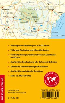 Alle Regionen Siebenbürgens auf 432 Seiten. Oben: Karte von Rumänien. Unten: Logo mit rotem Kreis, Karte und Text.