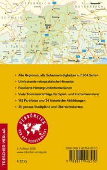 Eine Landkarte zeigt Norditalien und angrenzende Regionen. Text beschreibt einen Reiseführer mit 504 Seiten, Tourenvorschlägen und Karten.