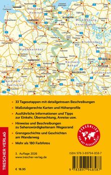 Oben ist eine Karte von Norddeutschland. Unten gelber Bereich mit Text über Wanderführer und Verlagsinformationen.