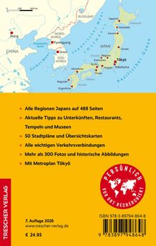 Gelbe Liste mit Infos zu Japan-Reiseführer; Karten und Tipps, Preisangabe, Kontinente-Logo unten rechts, Karte oben.