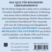 "Das Quiz für besondere Lebensmomente!" Blauer Hintergrund, Text über das Leben mit 40, Manja Reinhardt, 100 Fragen.