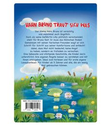 „HAHN BRUNO TRAUT SICH WAS“ steht oben auf blauem Hintergrund mit Wolken. Darunter steht eine Geschichte über Mut.