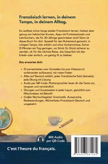 Text: Französisch lernen, in deinem Tempo, in deinem Alltag. Illustration: Globus, Tasse, Stift, QR-Code.