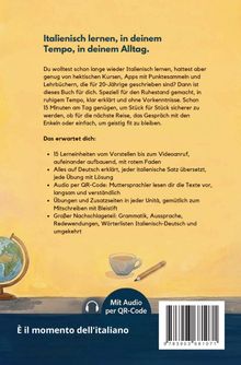 Text über das selbstständige Italienischlernen. Gelber Hintergrund, Illust. mit Globus, Tasse, Stift. Audio per QR-Code.