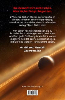 Eine Weltraumlandschaft mit einem Planeten. Oben dramatischer Text über die Zukunft als riskanter Ort.