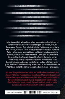 Texte oben: "LÜGE IST WAHRHEIT", "IDEOLOGIE IST INFORMATION", "KRIEG SICHERT FRIEDEN". 

Texte unten: Kritik am öffentlich-rechtlichen Rundfunk. Michael Jung dokumentiert Manipulation.