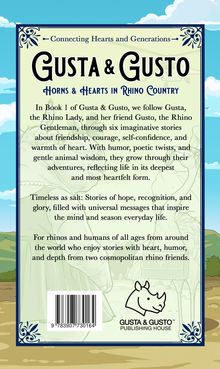 "Connecting Hearts and Generations, GUSTA & GUSTO, HORNS & HEARTS IN RHINO COUNTRY. Illustration eines Nashorns unten. Himmel im Hintergrund."