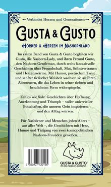 Werbeplakat für ein Buch: „Gusta & Gusto: Hörner & Herzen im Nashornland“. Illustration von Nashörnern und ein Logo darunter.