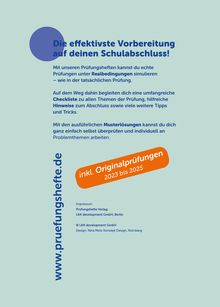 "Die effektivste Vorbereitung auf deinen Schulabschluss!" steht zentral. Links seitlich "www.pruefungshefte.de". Orange Textfeld: "inkl. Originalprüfungen 2023 bis 2025".