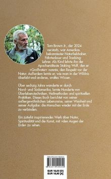 Kreisförmiges Foto eines älteren Mannes mit weißem Bart im Freien. Text beschreibt Tom Brown Jr., Naturkenner und Lehrer.