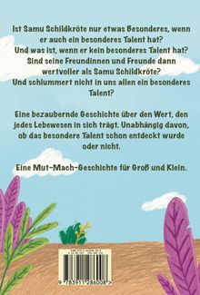 Text über Samu Schildkrötes Talent und eine Mutmach-Geschichte. Illustration mit Pflanzen und Wolken im Hintergrund.