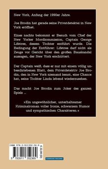 Rückseite eines Buches mit einer Inhaltsbeschreibung über Joe Brodin, einen Privatdetektiv in New York der 1990er.