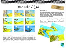 Texte: "Der Rabe / کلاغ", "Am Rande eines Baches...". 

Illustration: Comic-Geschichten mit Tieren an einem Bach.