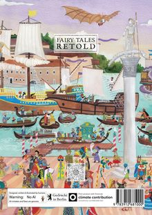 "FAIRY TALES RETOLD." Eine bunte Illustration mit Segelschiffen, Menschen in Kostümen und einer Statue am Hafen.